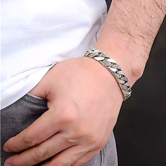 Stainless Steel Chain Link Bracelet, Mantra, Curb Hand Woven Engraved - Picture 3 of 8